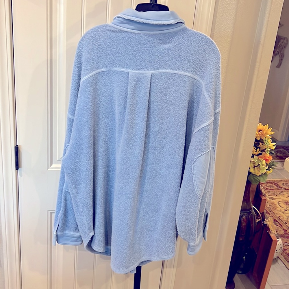Free People Oversized Fleece Shacket in Light Blue with Green Layering Top - Picture 5 of 6
